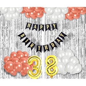 flyloons 38th birthday decoration items for girls with rose gold and white balloons black happy birthday banner silver foil curtain foil balloon number 38