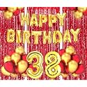 Flyloons 38th Birthday Decoration items for Girls Boys Husband Wife Valentine with Gold and Red Balloons, Golden Happy Birthday Banner, Red Foil curtains, Foil Balloon number 38
