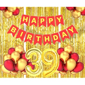 flyloons 39th birthday decoration items for girls boys husband wife valentine with gold and red balloons red happy birthday banner golden foil curtains foil balloon number 39