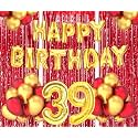 Flyloons 39th Birthday Decoration items for Girls Boys Husband Wife Valentine with Gold and Red Balloons, Golden Happy Birthday Banner, Red Foil curtains, Foil Balloon number 39