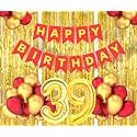 Flyloons 39th Birthday Decoration items for Girls Boys Husband Wife Valentine with Gold and Red Balloons, Red Happy Birthday Banner, Golden Foil curtains, Foil Balloon number 39