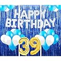 Flyloons 39th Birthday Decoration items for Girls with Blue and White Balloons, Silver Happy Birthday Banner, Blue Foil curtains, Foil Balloon number 39