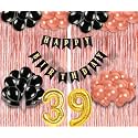 Flyloons 39th Birthday Decoration items for Girls with Black and Rose Gold Balloons, Black Happy Birthday Banner, Rose Gold Foil Curtain, Foil Balloon number 39