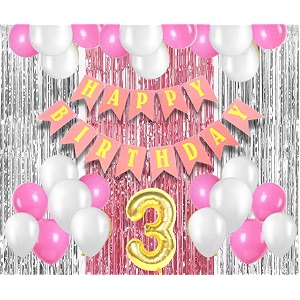 flyloons 3rd birthday decoration items for girls with pink and white balloons pink happy birthday banner pink and silver foil curtain foil balloon number 3