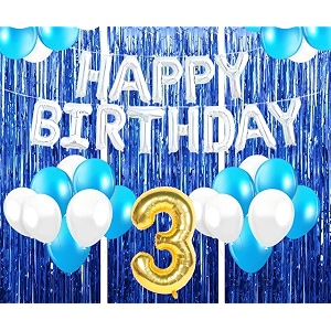 flyloons 3rd birthday decoration items for girls with blue and white balloons silver happy birthday banner blue foil curtains foil balloon number 3