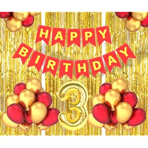 flyloons 3rd birthday decoration items for girls boys husband wife valentine with gold and red balloons red happy birthday banner golden foil curtains foil balloon number 3