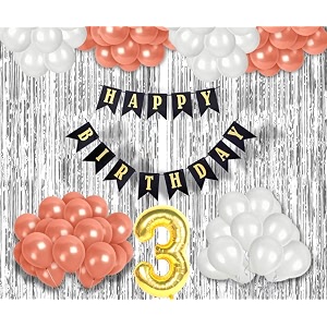 flyloons 3rd birthday decoration items for girls with rose gold and white balloons black happy birthday banner silver foil curtain foil balloon number 3