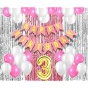 Flyloons 3rd Birthday Decoration items for Girls with Pink and White Balloons, Pink Happy Birthday Banner, Pink and Silver Foil Curtain, Foil Balloon number 3