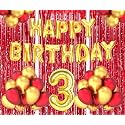 Flyloons 3rd Birthday Decoration items for Girls Boys Husband Wife Valentine with Gold and Red Balloons, Golden Happy Birthday Banner, Red Foil curtains, Foil Balloon number 3