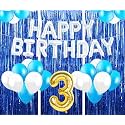 Flyloons 3rd Birthday Decoration items for Girls with Blue and White Balloons, Silver Happy Birthday Banner, Blue Foil curtains, Foil Balloon number 3