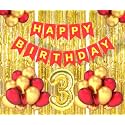 Flyloons 3rd Birthday Decoration items for Girls Boys Husband Wife Valentine with Gold and Red Balloons, Red Happy Birthday Banner, Golden Foil curtains, Foil Balloon number 3