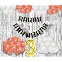 Flyloons 3rd Birthday Decoration items for Girls with Rose Gold and White Balloons, Black Happy Birthday Banner, Silver Foil Curtain, Foil Balloon number 3
