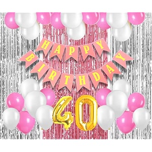 flyloons 40th birthday decoration items for girls with pink and white balloons pink happy birthday banner pink and silver foil curtain foil balloon number 40