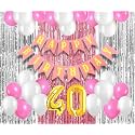 Flyloons 40th Birthday Decoration items for Girls with Pink and White Balloons, Pink Happy Birthday Banner, Pink and Silver Foil Curtain, Foil Balloon number 40