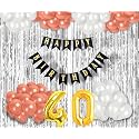 Flyloons 40th Birthday Decoration items for Girls with Rose Gold and White Balloons, Black Happy Birthday Banner, Silver Foil Curtain, Foil Balloon number 40