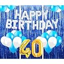 Flyloons 40th Birthday Decoration items for Girls with Blue and White Balloons, Silver Happy Birthday Banner, Blue Foil curtains, Foil Balloon number 40