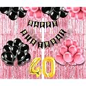 Flyloons 40th Birthday Decoration items for Girls with Black and Pink Balloons, Black Happy Birthday Banner, Pink Foil Curtain, Foil Balloon number 40