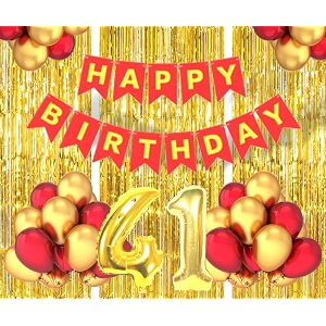 flyloons 41st birthday decoration items for girls boys husband wife valentine with gold and red balloons red happy birthday banner golden foil curtains foil balloon number 41