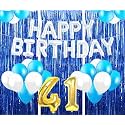 Flyloons 41st Birthday Decoration items for Girls with Blue and White Balloons, Silver Happy Birthday Banner, Blue Foil curtains, Foil Balloon number 41