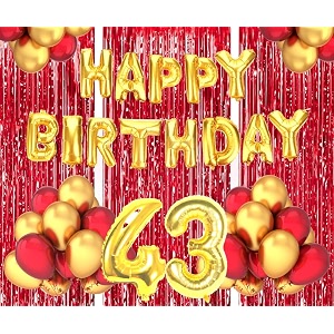 flyloons 43rd birthday decoration items for girls boys husband wife valentine with gold and red balloons golden happy birthday banner red foil curtains foil balloon number 43