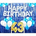 Flyloons 43rd Birthday Decoration items for Girls with Blue and White Balloons, Silver Happy Birthday Banner, Blue Foil curtains, Foil Balloon number 43