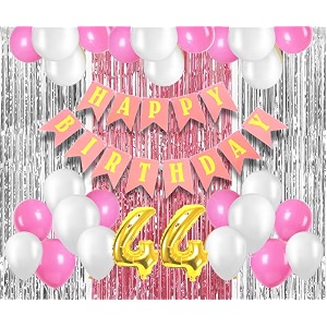 flyloons 44th birthday decoration items for girls with pink and white balloons pink happy birthday banner pink and silver foil curtain foil balloon number 44