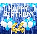 Flyloons 44th Birthday Decoration items for Girls with Blue and White Balloons, Silver Happy Birthday Banner, Blue Foil curtains, Foil Balloon number 44