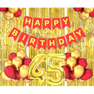 flyloons 45th birthday decoration items for girls boys husband wife valentine with gold and red balloons red happy birthday banner golden foil curtains foil balloon number 45