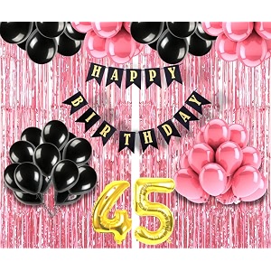 flyloons 45th birthday decoration items for girls with black and pink balloons black happy birthday banner pink foil curtain foil balloon number 45