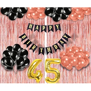 flyloons 45th birthday decoration items for girls with black and rose gold balloons black happy birthday banner rose gold foil curtain foil balloon number 45