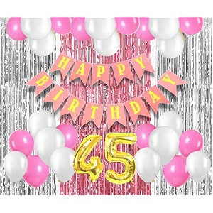 flyloons 45th birthday decoration items for girls with pink and white balloons pink happy birthday banner pink and silver foil curtain foil balloon number 45