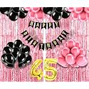 Flyloons 45th Birthday Decoration items for Girls with Black and Pink Balloons, Black Happy Birthday Banner, Pink Foil Curtain, Foil Balloon number 45