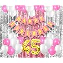 Flyloons 45th Birthday Decoration items for Girls with Pink and White Balloons, Pink Happy Birthday Banner, Pink and Silver Foil Curtain, Foil Balloon number 45