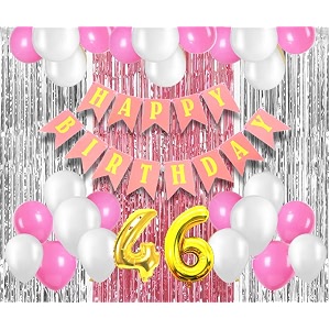 flyloons 46th birthday decoration items for girls with pink and white balloons pink happy birthday banner pink and silver foil curtain foil balloon number 46
