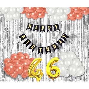 flyloons 46th birthday decoration items for girls with rose gold and white balloons black happy birthday banner silver foil curtain foil balloon number 46