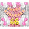 Flyloons 46th Birthday Decoration items for Girls with Pink and White Balloons, Pink Happy Birthday Banner, Pink and Silver Foil Curtain, Foil Balloon number 46
