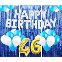 Flyloons 46th Birthday Decoration items for Girls with Blue and White Balloons, Silver Happy Birthday Banner, Blue Foil curtains, Foil Balloon number 46