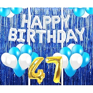flyloons 47th birthday decoration items for girls with blue and white balloons silver happy birthday banner blue foil curtains foil balloon number 47