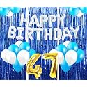 Flyloons 47th Birthday Decoration items for Girls with Blue and White Balloons, Silver Happy Birthday Banner, Blue Foil curtains, Foil Balloon number 47