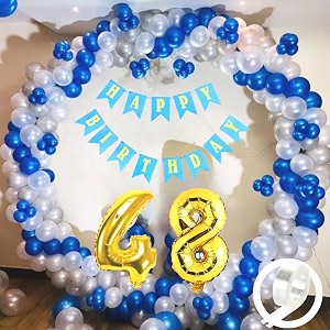flyloons 48th birthday decoration items for boys with blue silver and white balloons blue happy birthday banner arch tape foil balloon number 48