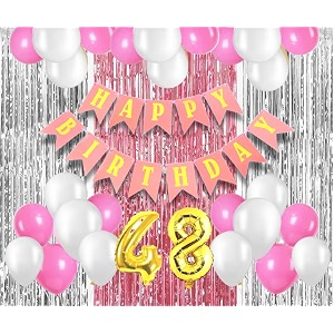 flyloons 48th birthday decoration items for girls with pink and white balloons pink happy birthday banner pink and silver foil curtain foil balloon number 48