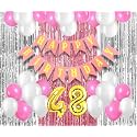 Flyloons 48th Birthday Decoration items for Girls with Pink and White Balloons, Pink Happy Birthday Banner, Pink and Silver Foil Curtain, Foil Balloon number 48