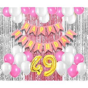 flyloons 49th birthday decoration items for girls with pink and white balloons pink happy birthday banner pink and silver foil curtain foil balloon number 49