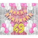 Flyloons 49th Birthday Decoration items for Girls with Pink and White Balloons, Pink Happy Birthday Banner, Pink and Silver Foil Curtain, Foil Balloon number 49
