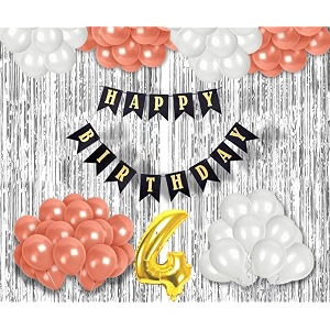 flyloons 4th birthday decoration items for girls with rose gold and white balloons black happy birthday banner silver foil curtain foil balloon number 4