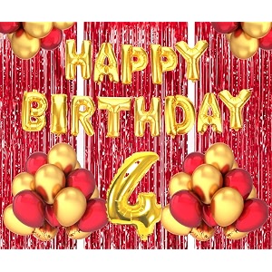 flyloons 4th birthday decoration items for girls boys husband wife valentine with gold and red balloons golden happy birthday banner red foil curtains foil balloon number 4