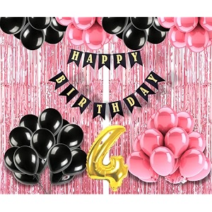 flyloons 4th birthday decoration items for girls with black and pink balloons black happy birthday banner pink foil curtain foil balloon number 4