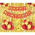 Flyloons 4th Birthday Decoration items for Girls Boys Husband Wife Valentine with Gold and Red Balloons, Red Happy Birthday Banner, Golden Foil curtains, Foil Balloon number 4
