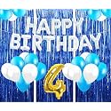 Flyloons 4th Birthday Decoration items for Girls with Blue and White Balloons, Silver Happy Birthday Banner, Blue Foil curtains, Foil Balloon number 4