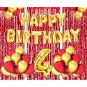 Flyloons 4th Birthday Decoration items for Girls Boys Husband Wife Valentine with Gold and Red Balloons, Golden Happy Birthday Banner, Red Foil curtains, Foil Balloon number 4